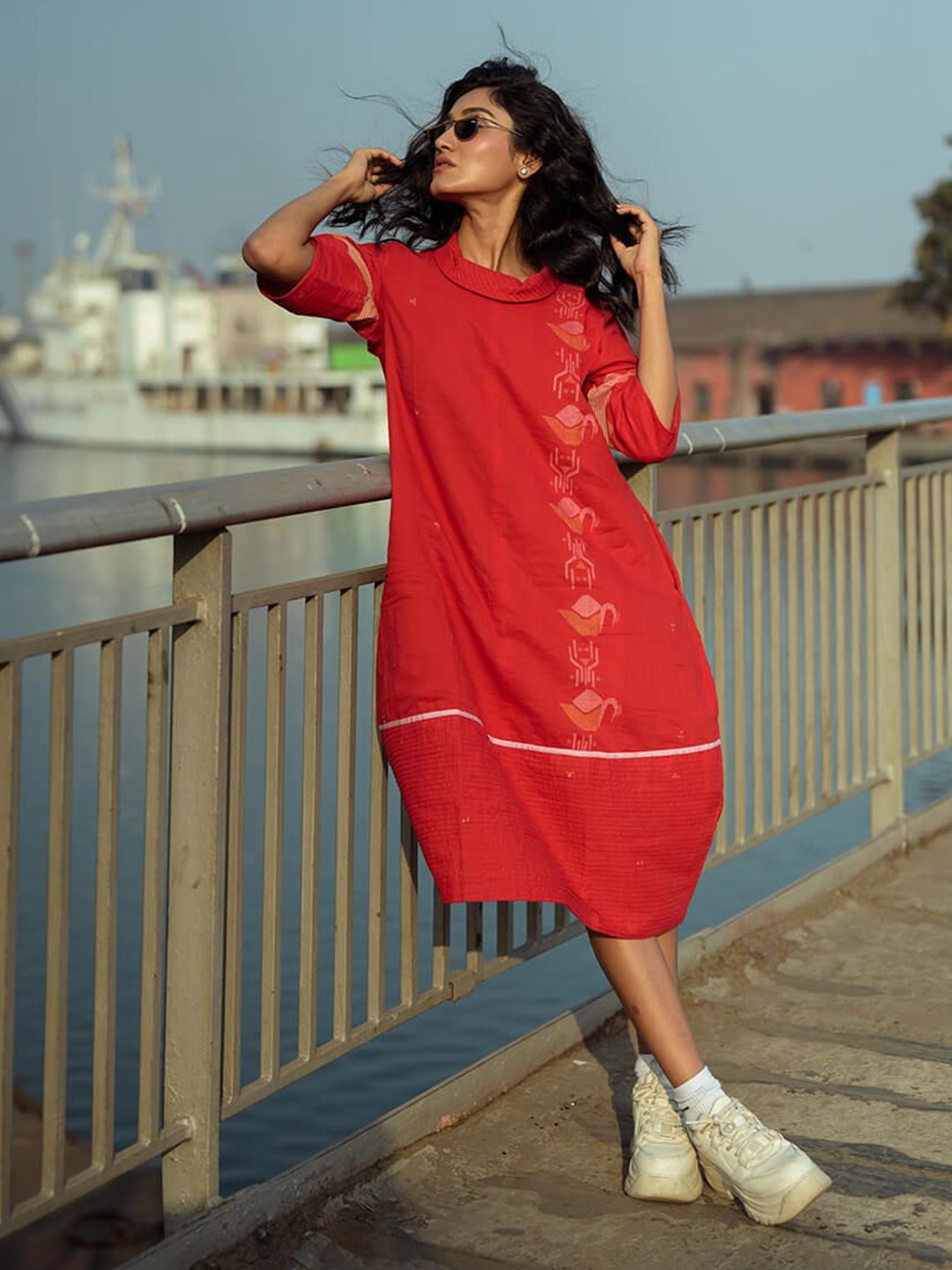 

Bhomra Printed Pure Cotton A-Line Midi Dress, Red