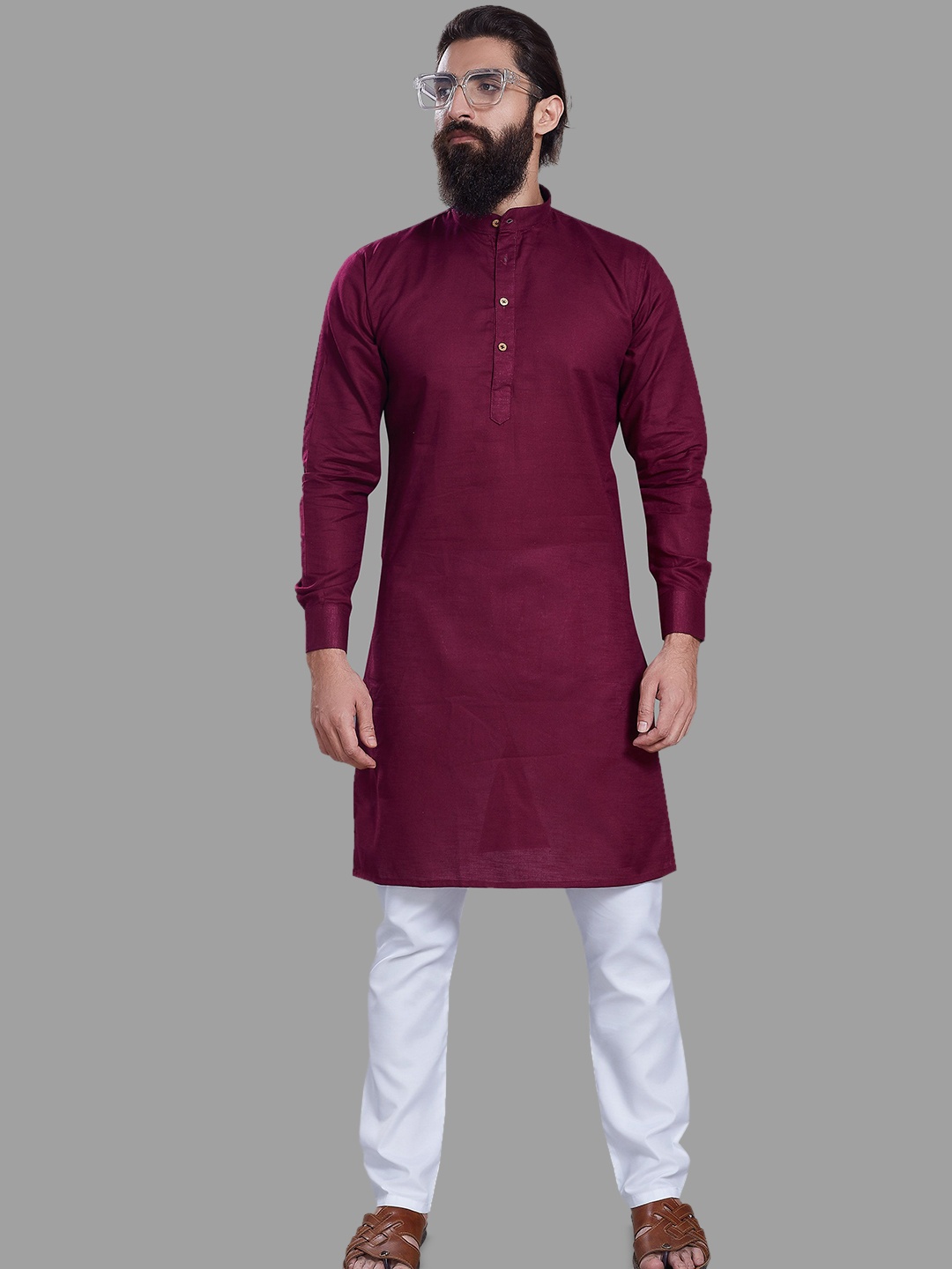 

DIVISIVE Band Collar Pure Cotton Straight Kurta, Maroon