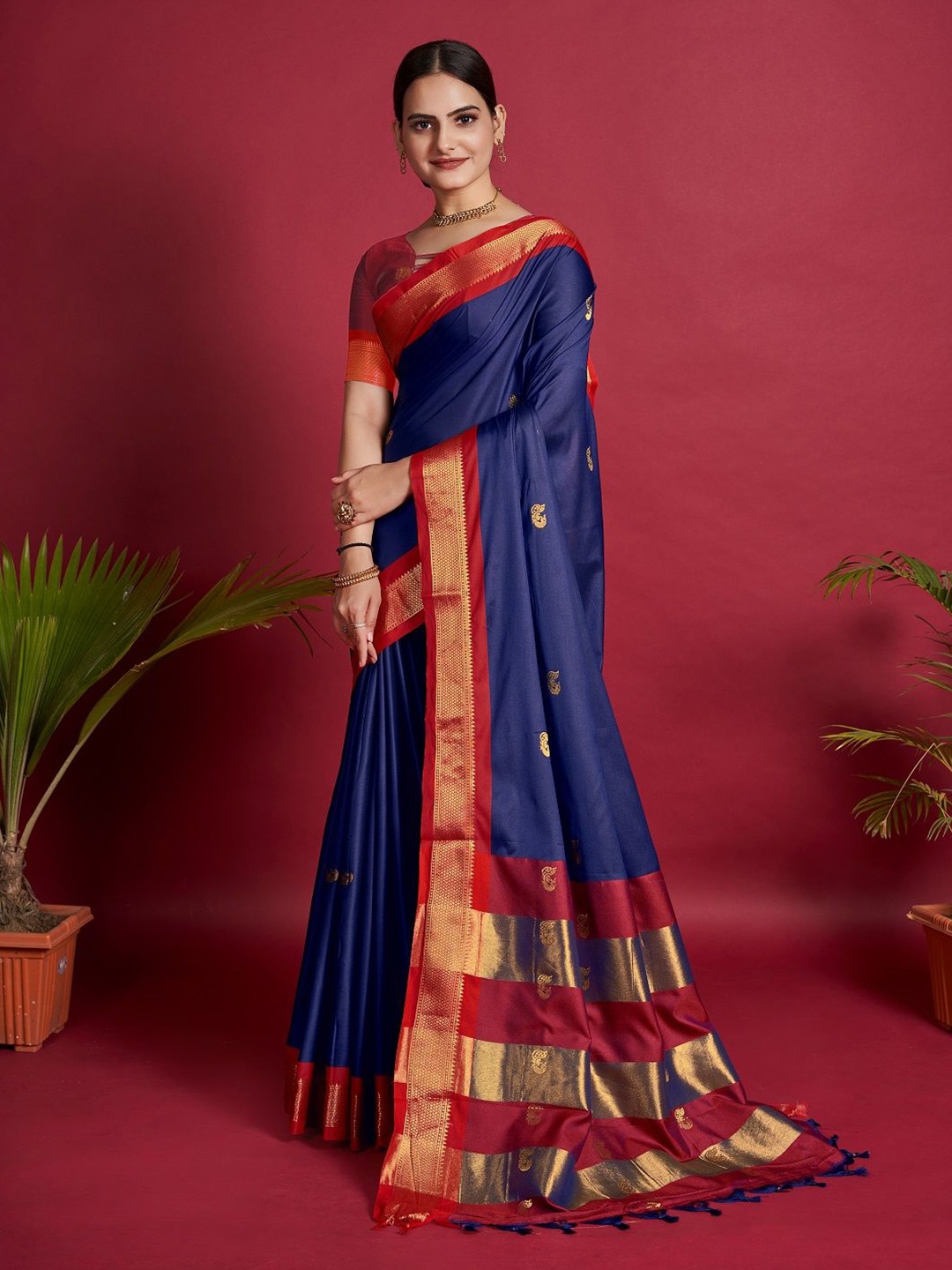 

SHOBHA SAREES Woven Design Zari Pure Silk Kanjeevaram Saree, Navy blue