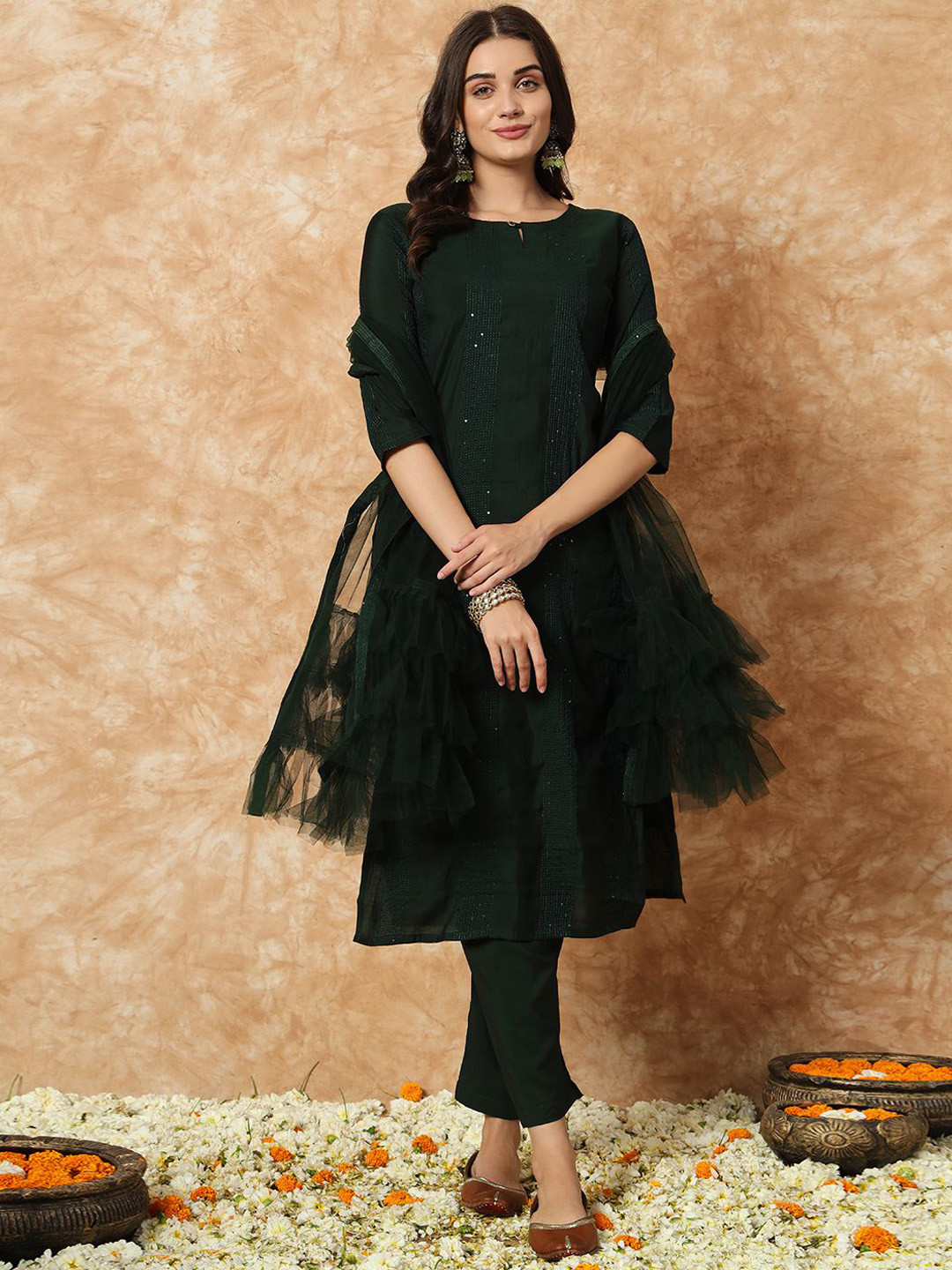 

KALINI Women Embroidered Regular Sequinned Kurta with Trousers & With Dupatta, Green