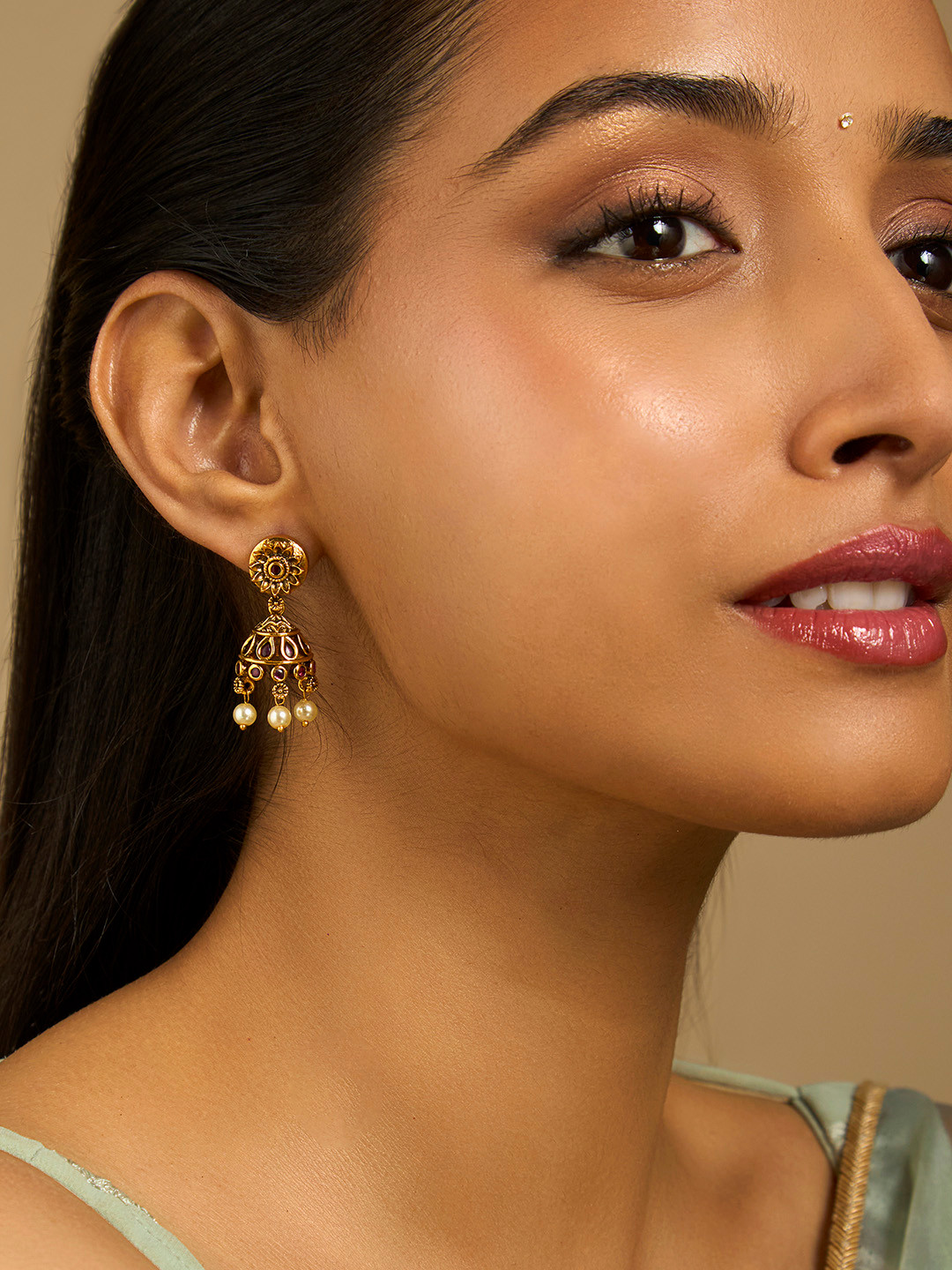 

Kushal's Fashion Jewellery Gold-Plated Antique Jhumkas Earrings, Red