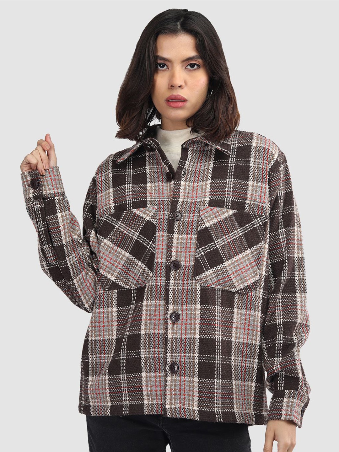 

CHKOKKO Checked Spread Collar Single Breasted Shacket Coats, Coffee brown