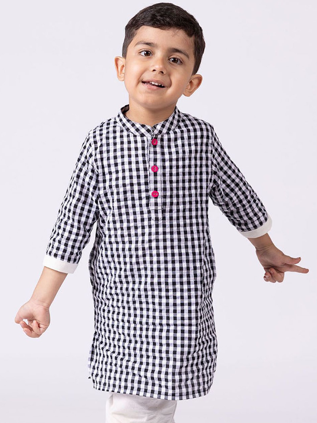 

Somersault Boys Gingham Checks Mandarin Collar Pure Cotton Kurta, Black