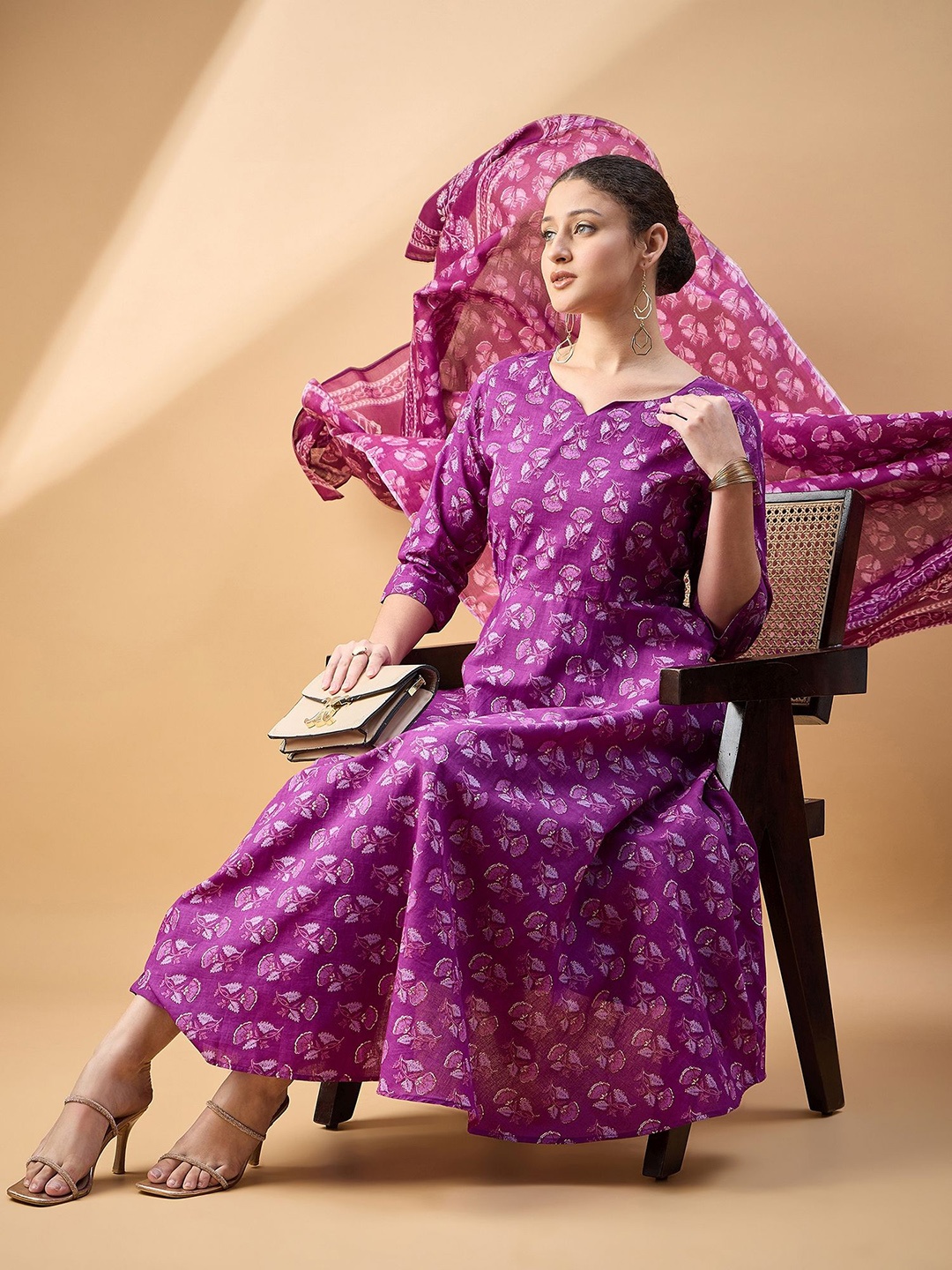 

all about you Floral Printed Empire Pure Cotton Anarkali Kurta With Trouser & Dupatta, Violet