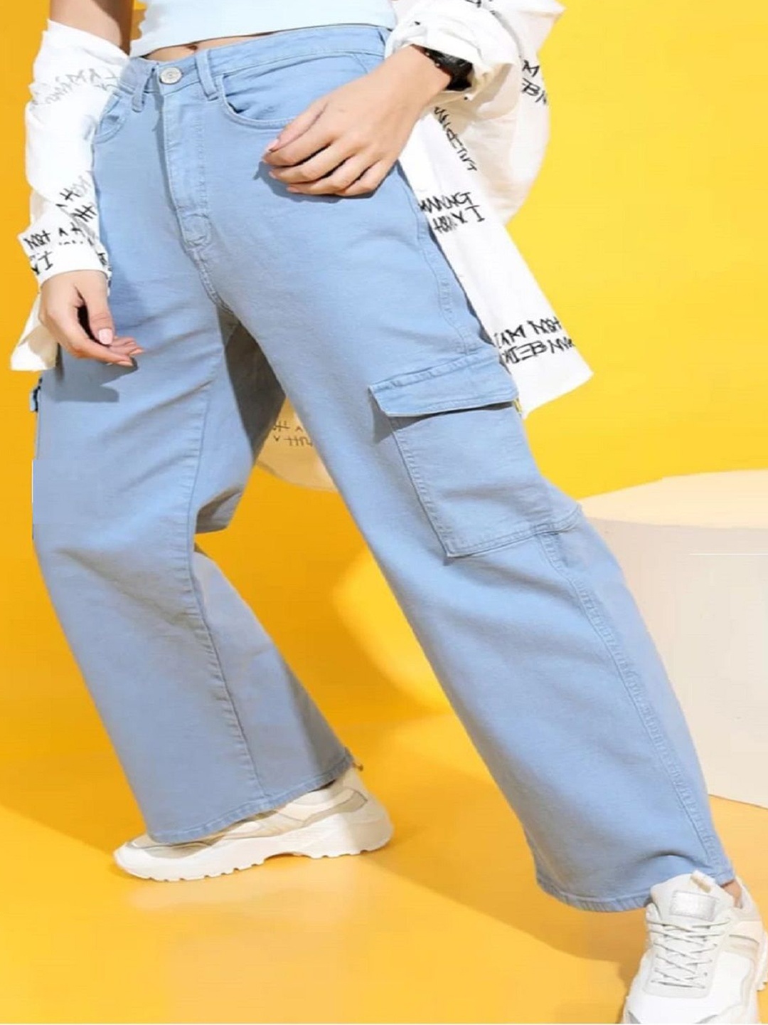 

Perfect Outlet Women Wide Leg High-Rise Cargo Denim J Stretchable Jeans, Blue
