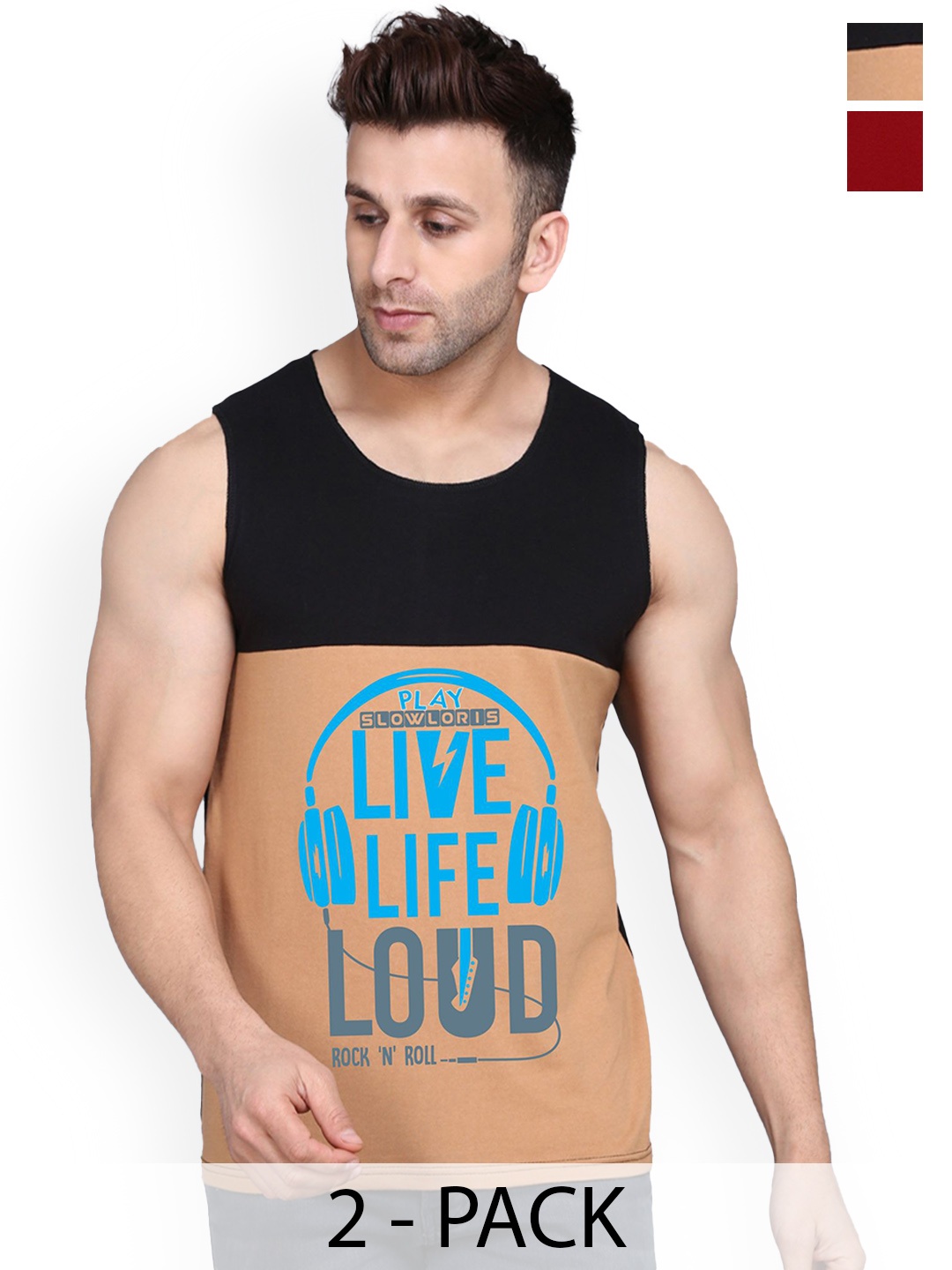 

SLOWLORIS Pack Of 2 Printed Sleeveless Gym Vests SL26 COMBO (LOUD BLKRST) (JUST MAROON), Black