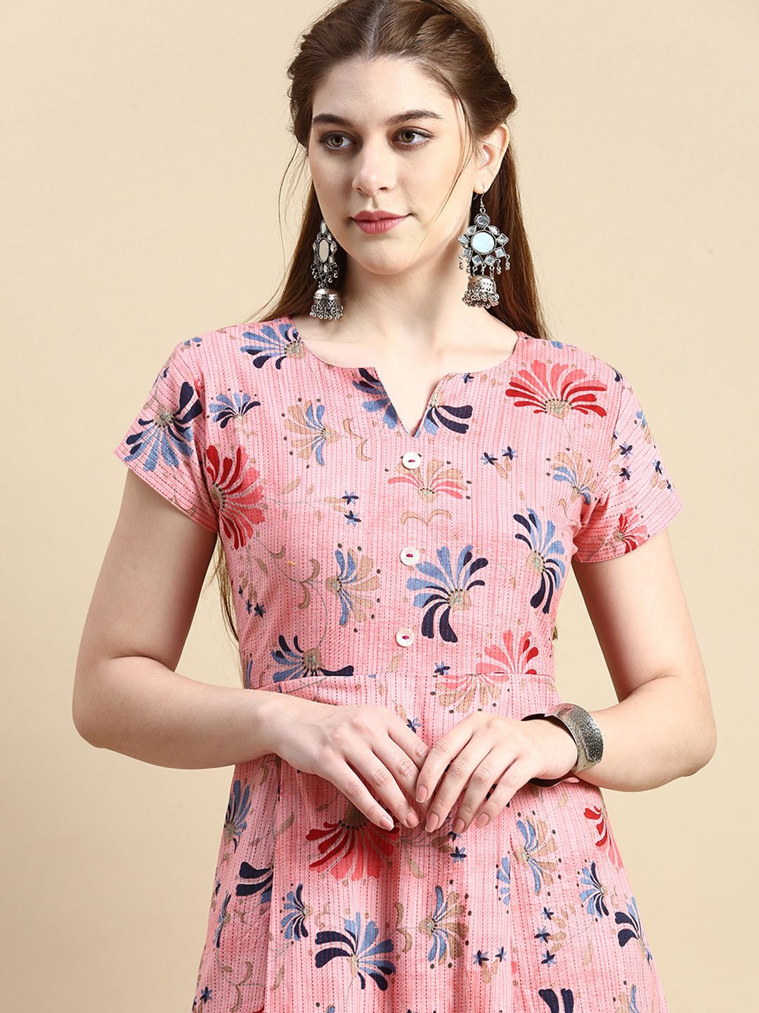 

GRANTH FASHION Printed A-line Kurta, Pink
