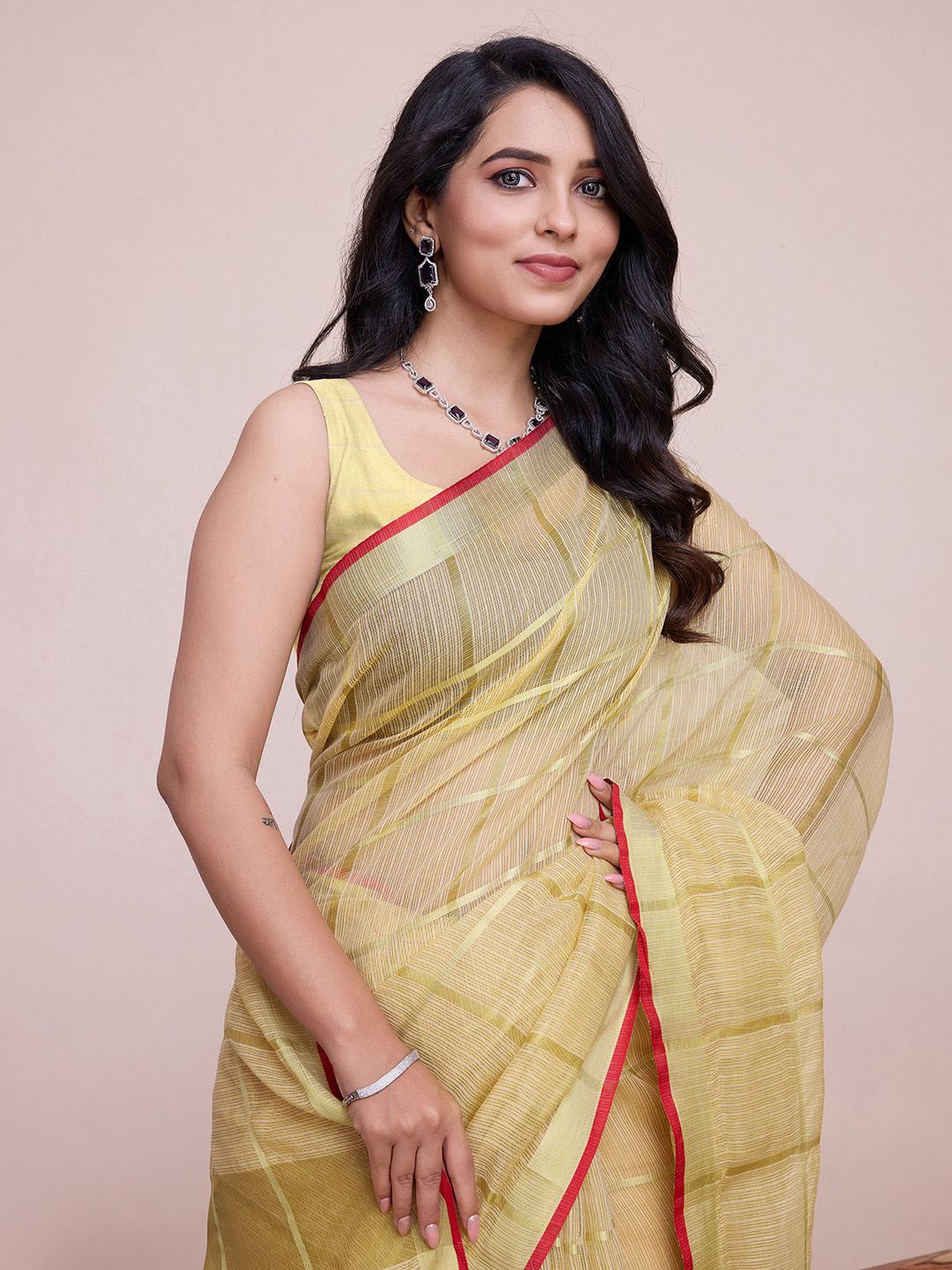 

KALINI Checked Zari Kota Saree, Yellow