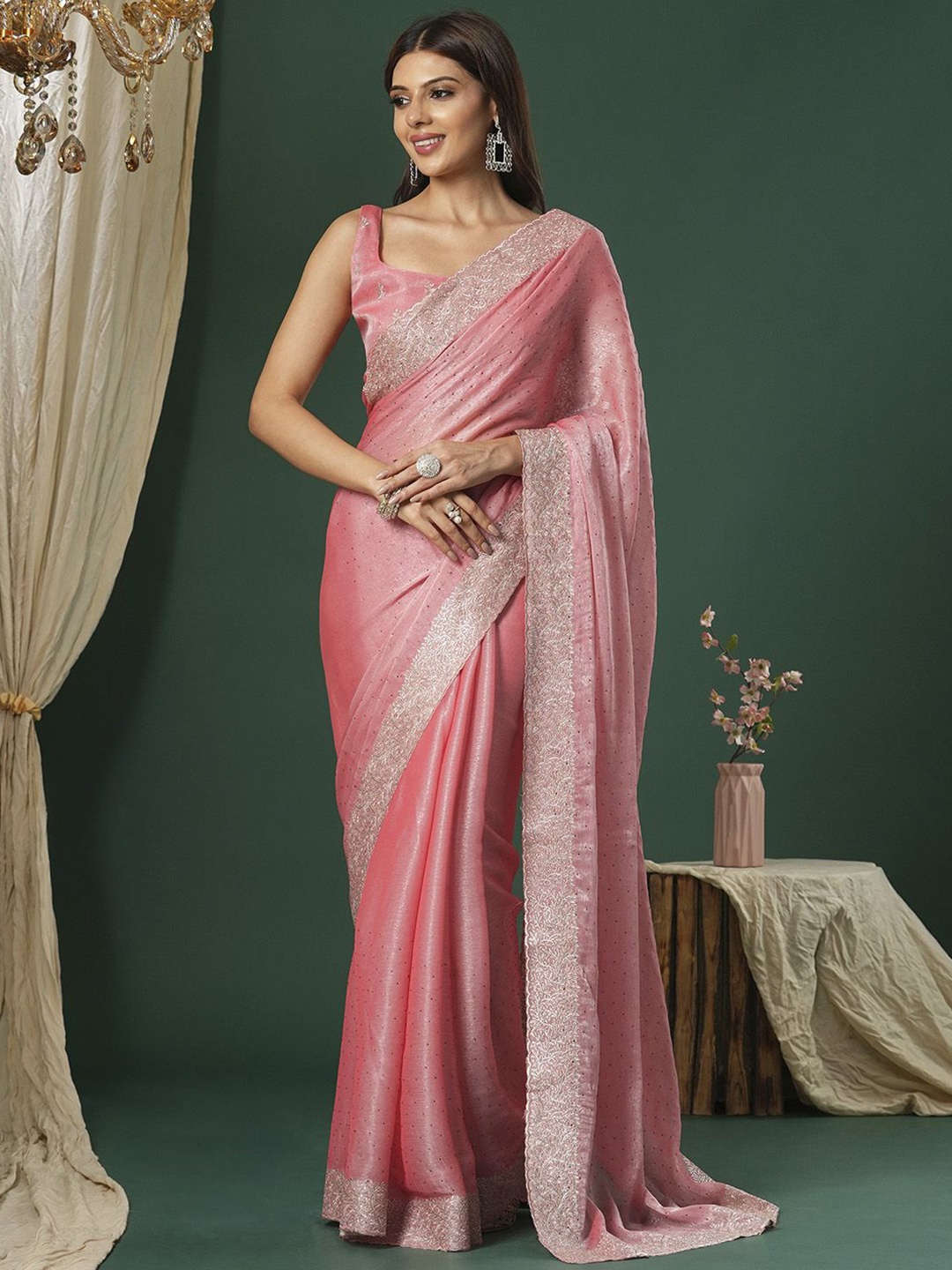 

Saree mall Embellished Beads and Stones Organza Sarees, Pink