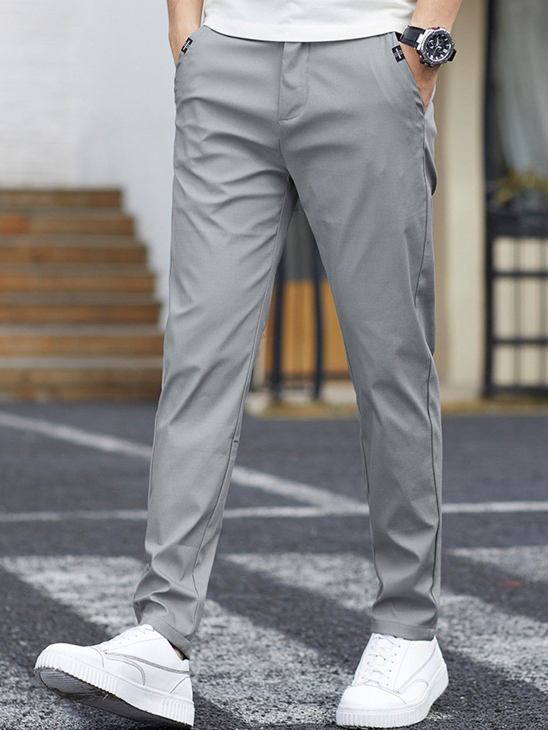 

StyleCast Men Slim Fit Solid Chinos Trousers, Grey