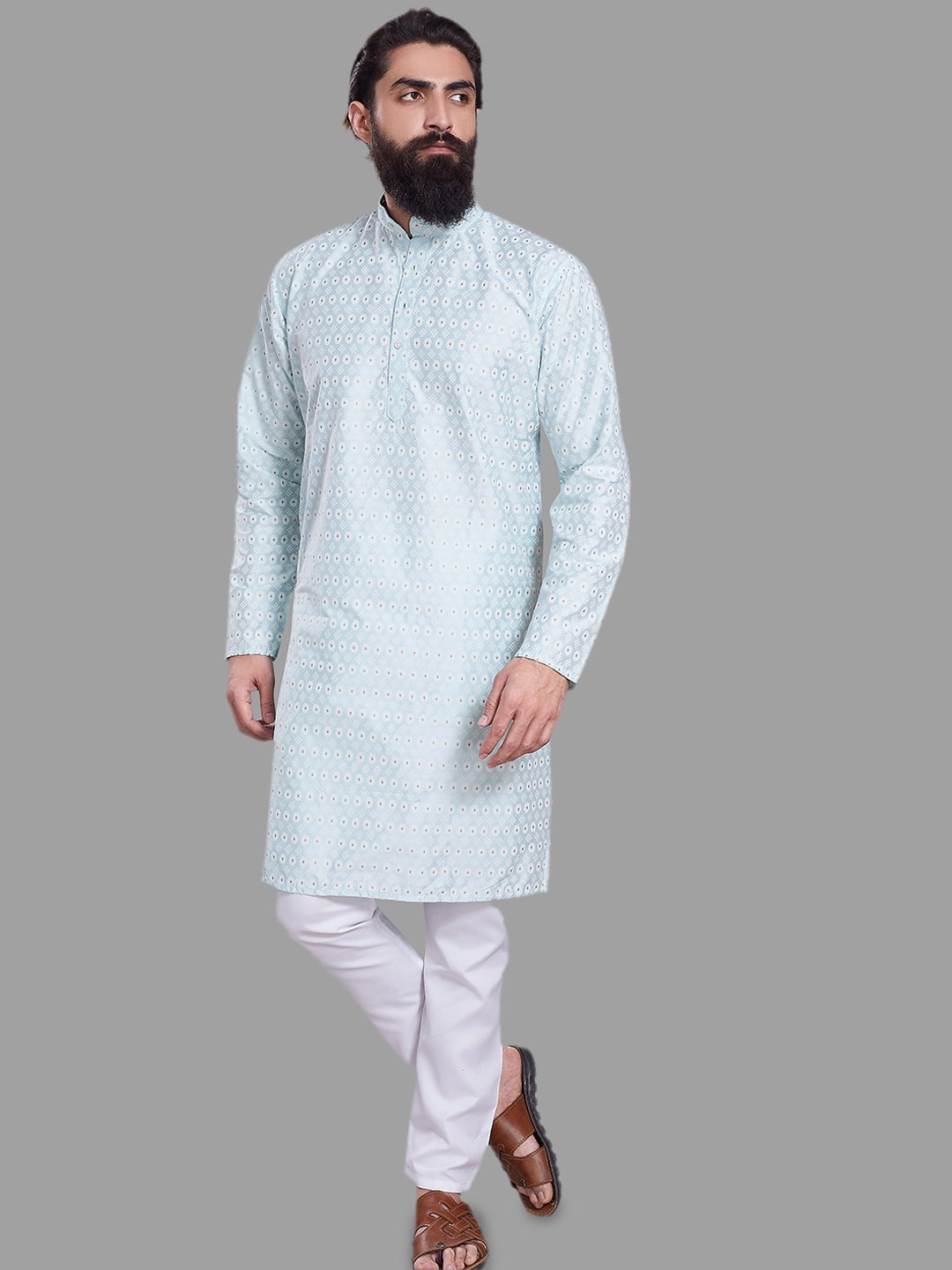 

DIVISIVE Floral Woven Design Band Collar Cotton Silk Straight Kurta, Blue