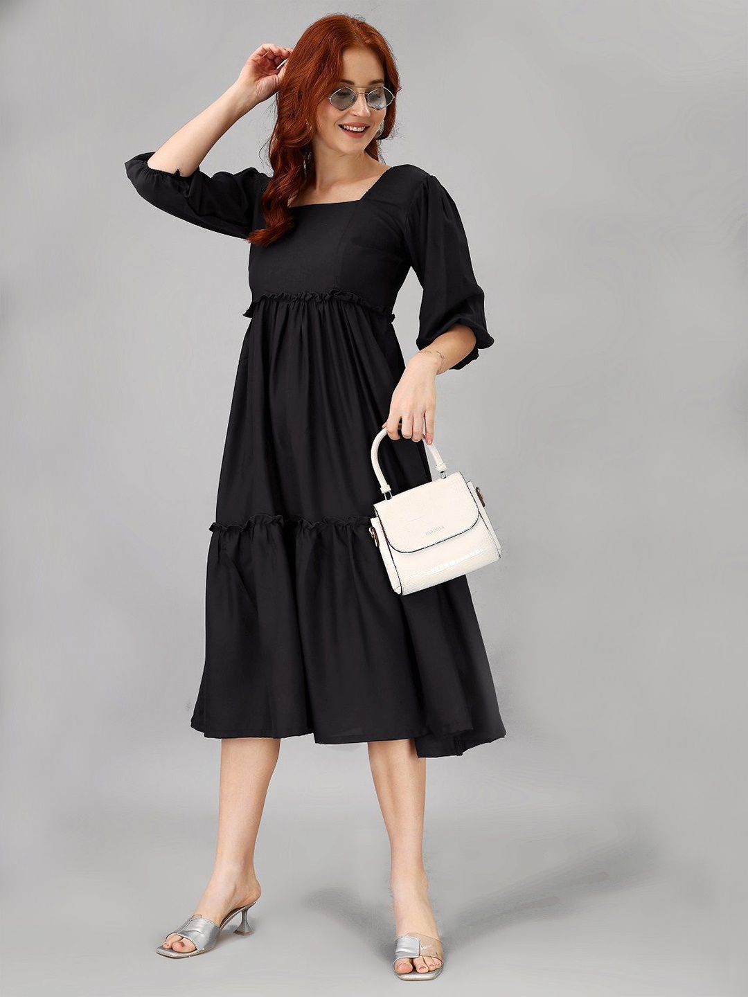 

Femvy Bell Sleeve Fit & Flare Midi Dress, Black