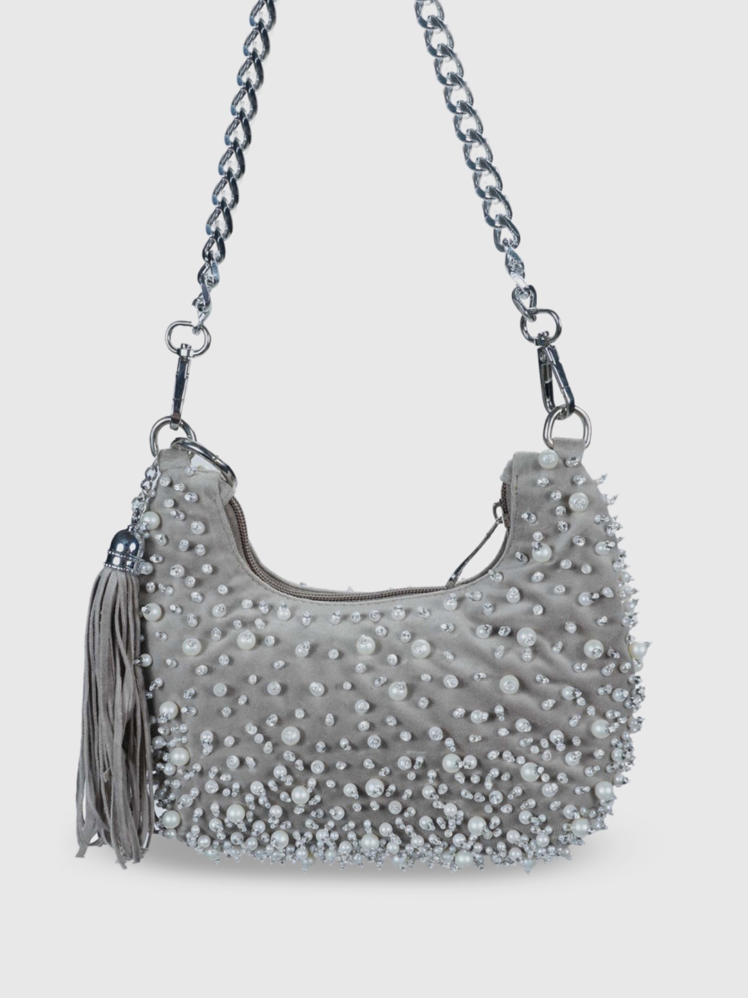 

D'oro Embellished Structured Shoulder Bag with Tasselled Detail, Grey