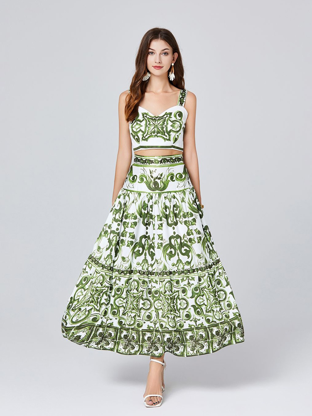 

JC Collection Ethnic Motifs Printed Shoulder Straps Casual Top With Maxi Skirt, Green