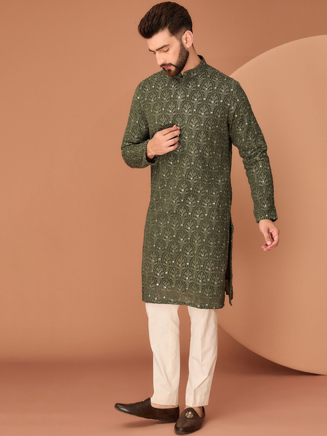 

KASBAH CLOTHING NISHCHAIY SAJDEH Chikankari Embroidered Sequinned Georgette Straight Kurta, Green