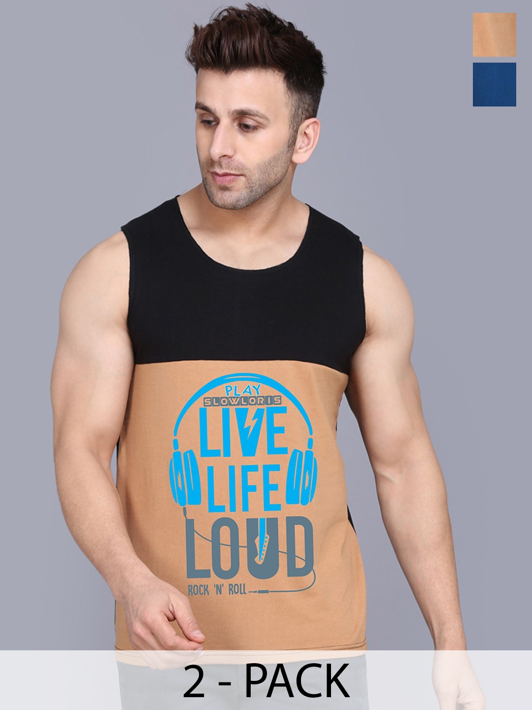 

SLOWLORIS Pack Of 2 Men Printed Gym Vests, Blue