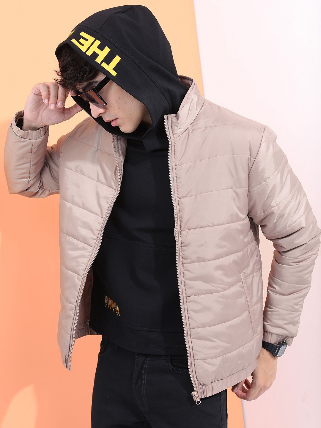 

HIGHLANDER Men Colourblocked Padded Jacket with Embroidered, Beige