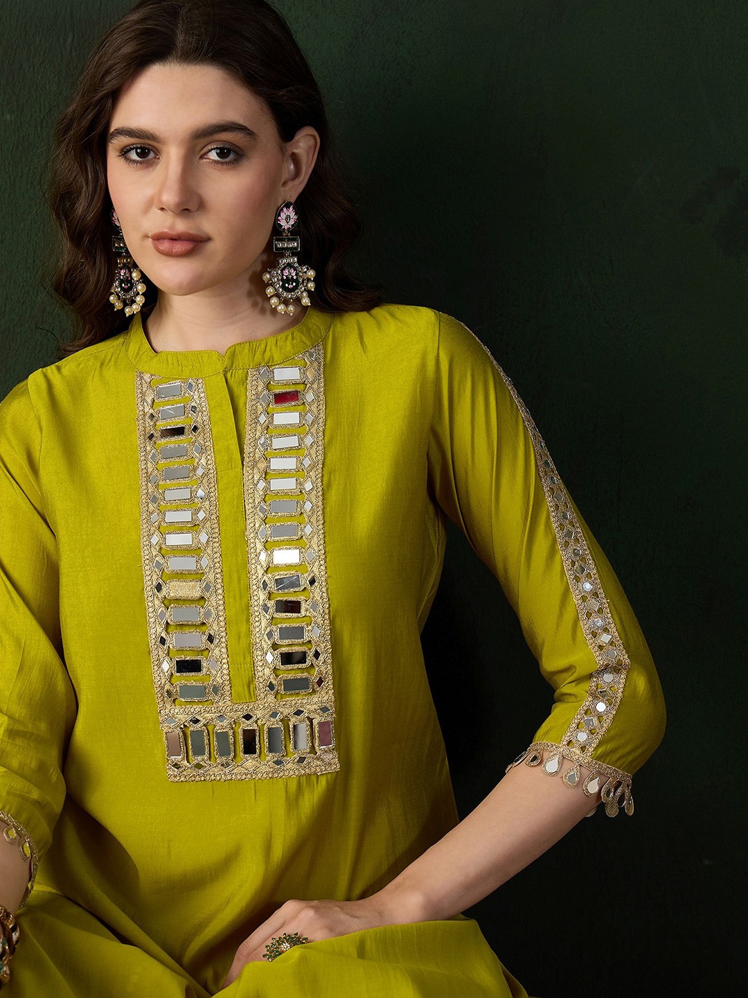 

Sangria Embellished Mirror Work Roman Silk Tunic With Dhoti Pant, Yellow