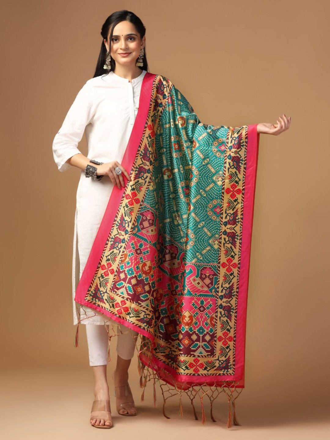 

Kaizen TEXO FAB Ethnic Motifs Printed Assam Silk Dupatta, Tan