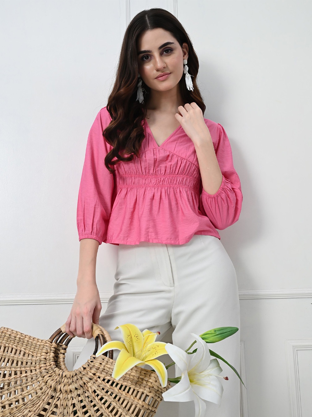 

PANDORNA Women Solid V-Neck Cotton Top, Pink
