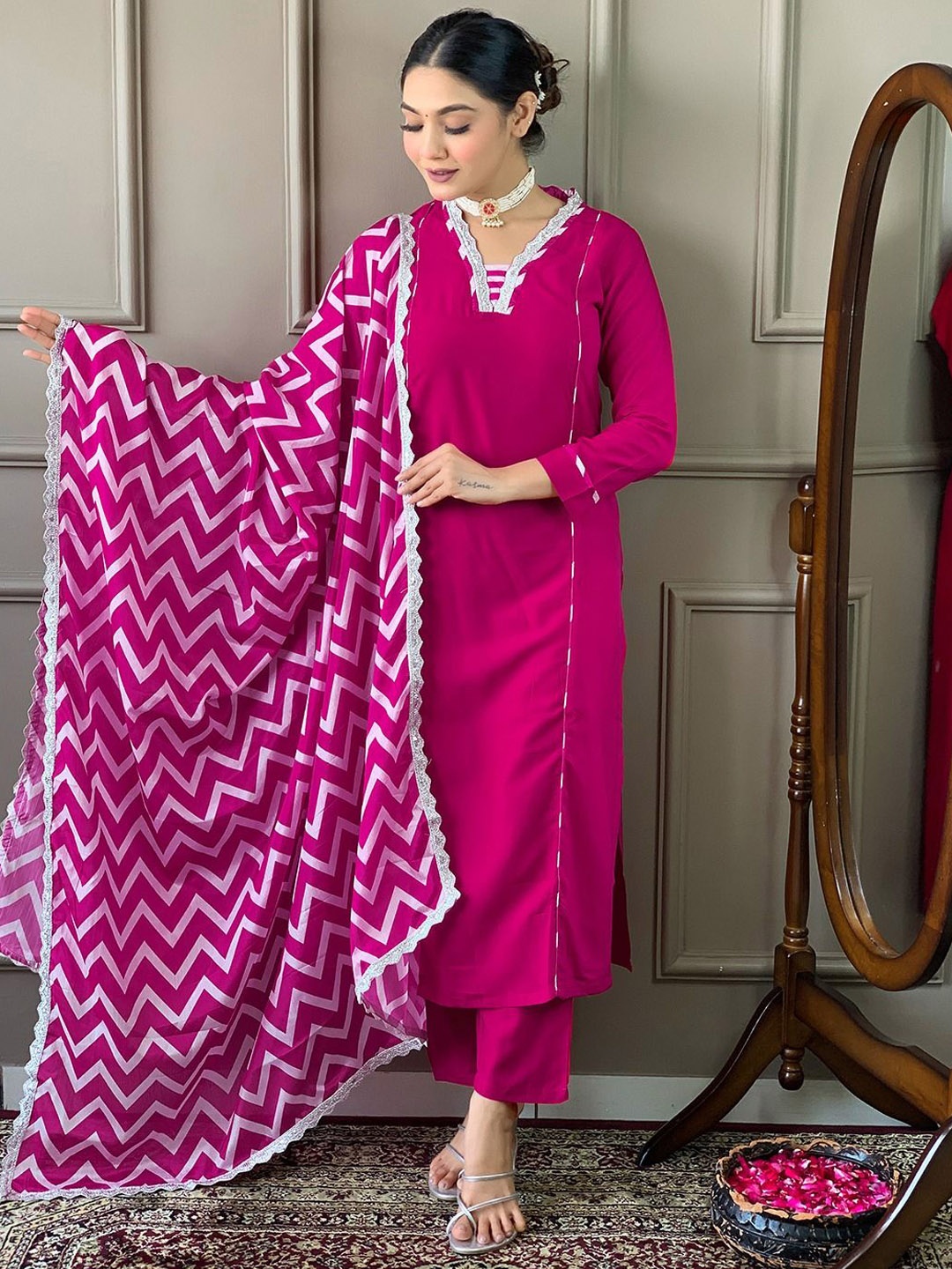 

KALINI V-Neck Chanderi Silk Straight Kurta With Trousers & Dupatta, Pink