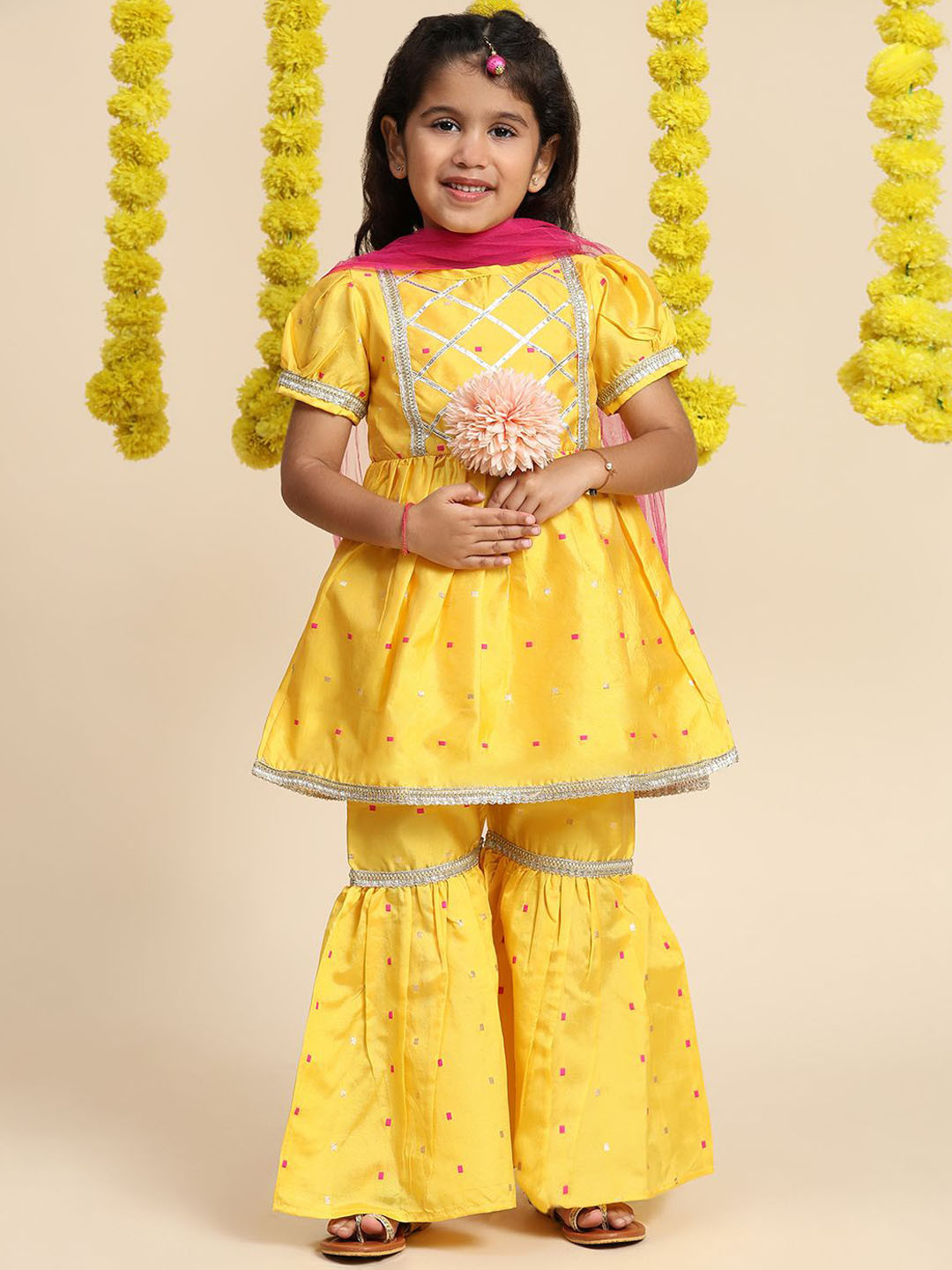

Cutiekins Girls Embroidered Regular Gotta Patti A-Line Kurti with Sharara & Dupatta, Yellow