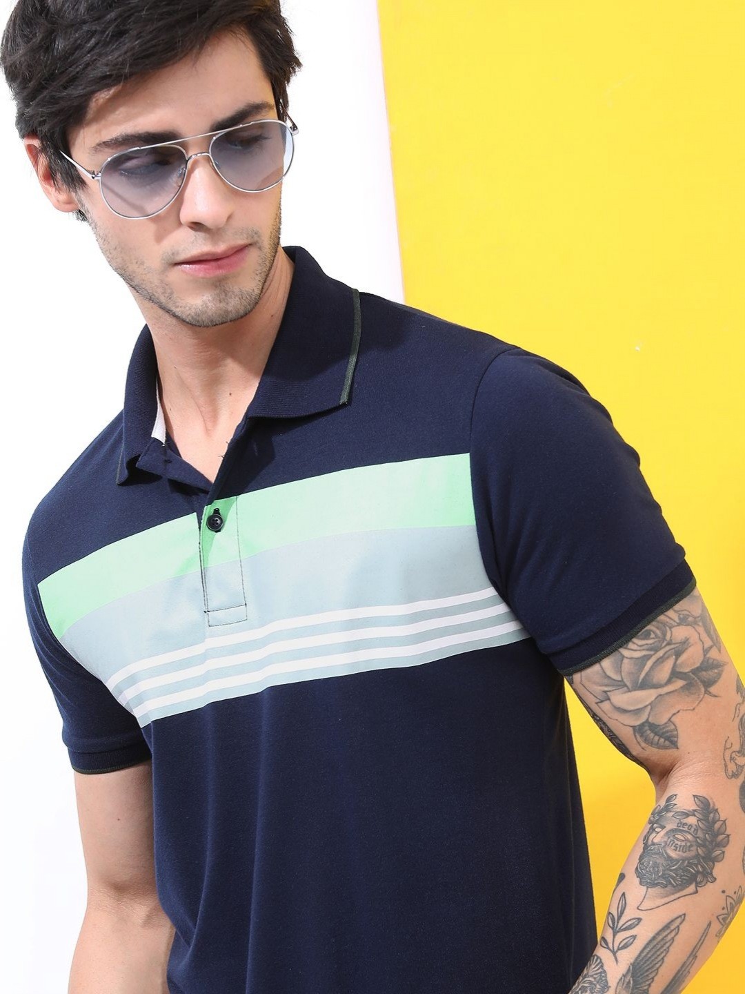 

HIGHLANDER Men Striped Polo Collar T-shirt, Navy blue