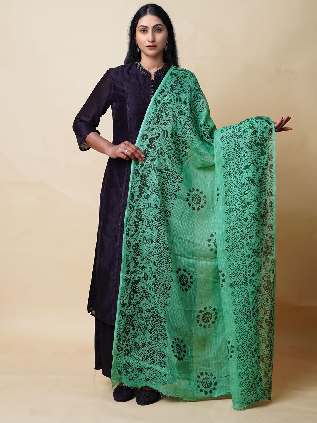 

Unnati Silks Ethnic Motifs Cotton Silk Block Printed Dupatta, Green