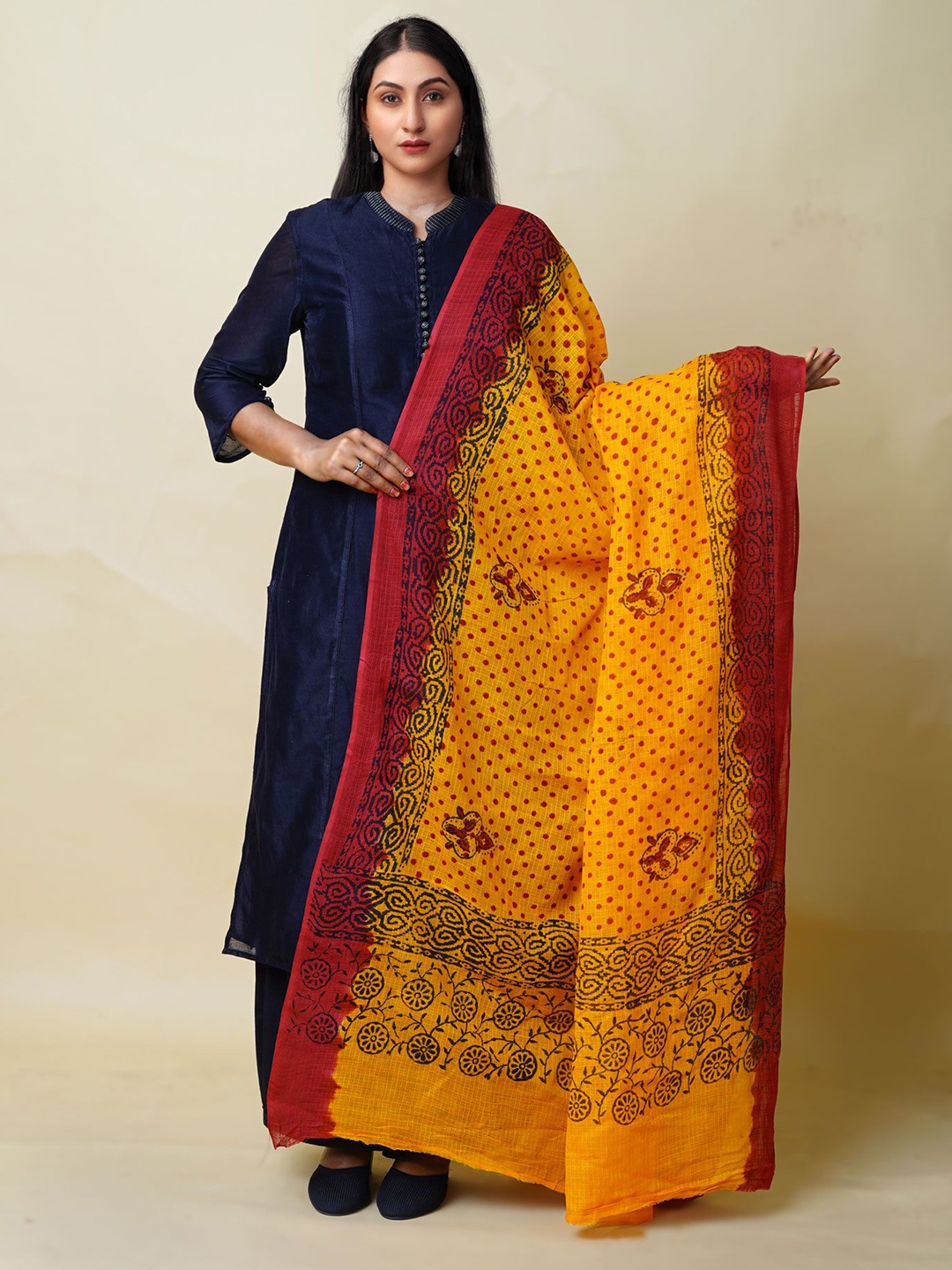 

Unnati Silks Ethnic Motifs Block Printed Cotton Silk Dupatta, Yellow