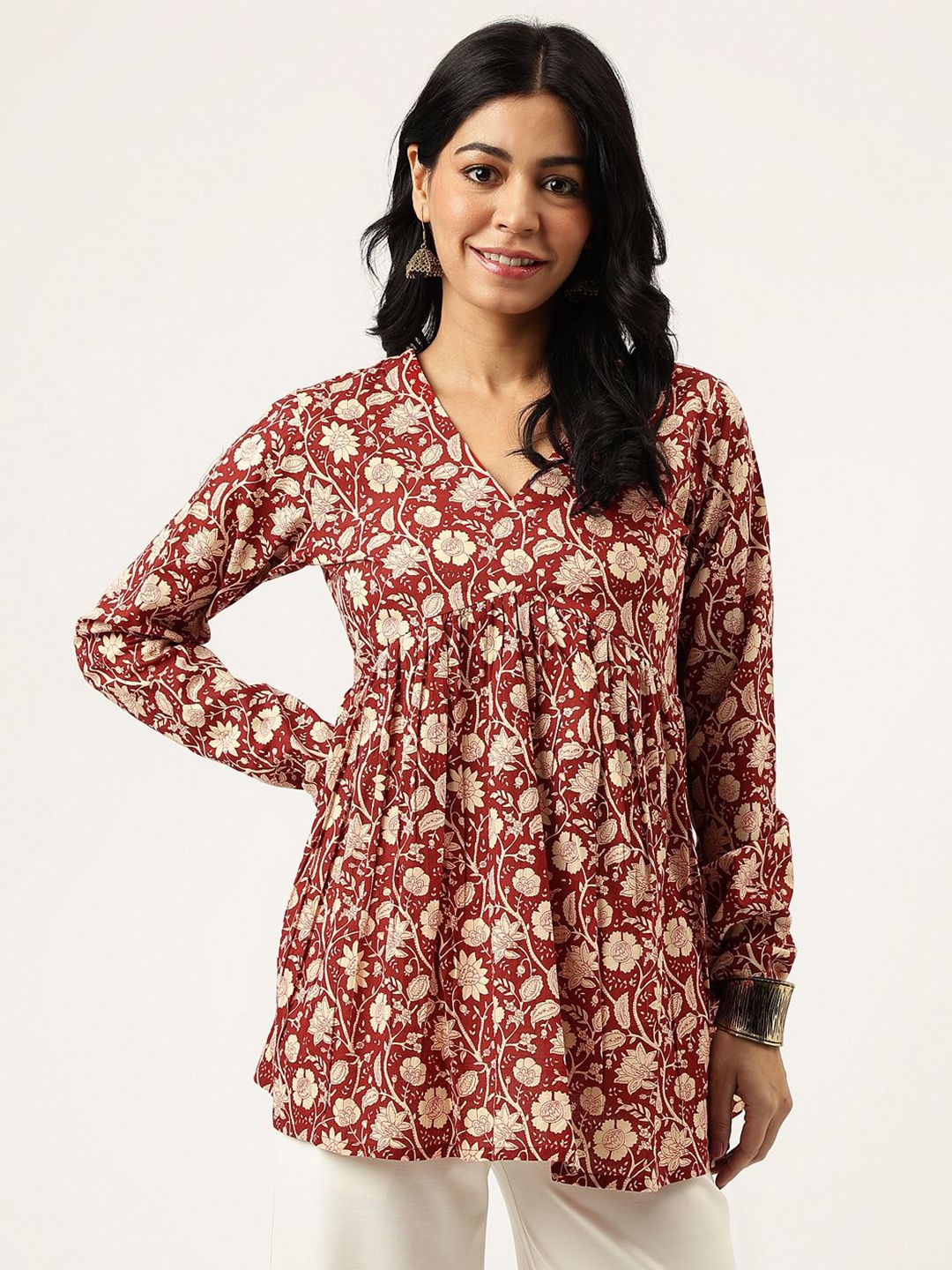 

SPARSA Women Floral Printed V-Neck Cotton Top, Maroon