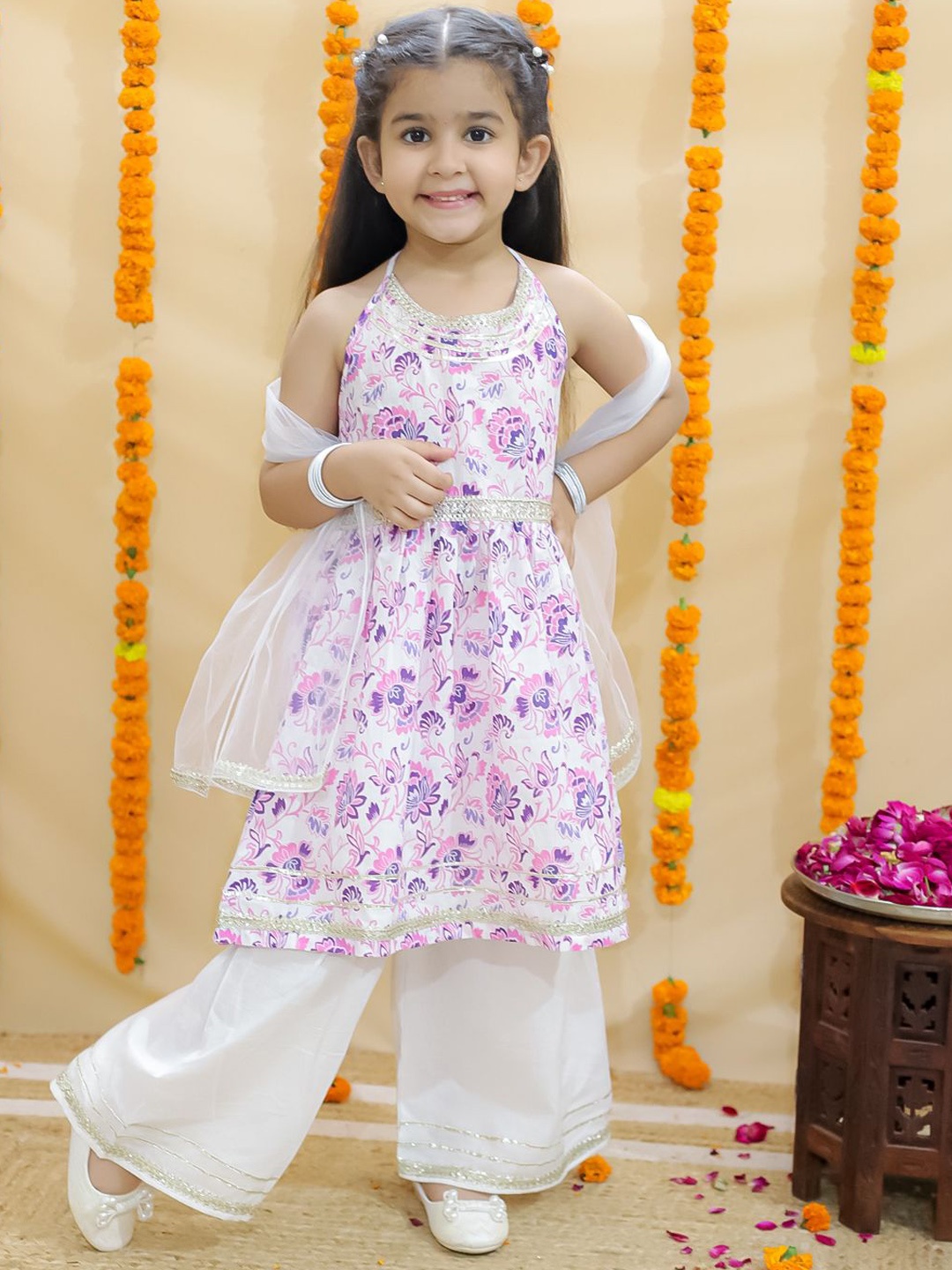 

JUNITOS Girls Floral Printed Pure Cotton Kurta with Sharara & Dupatta, Pink