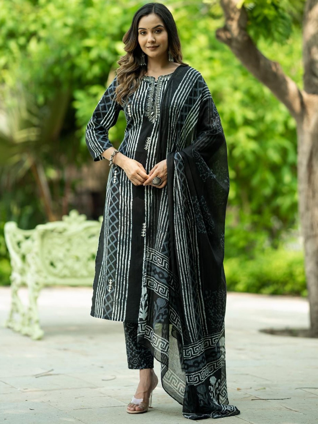 

KALINI Printed Pure Cotton Kurta with Trousers & Dupatta, Black