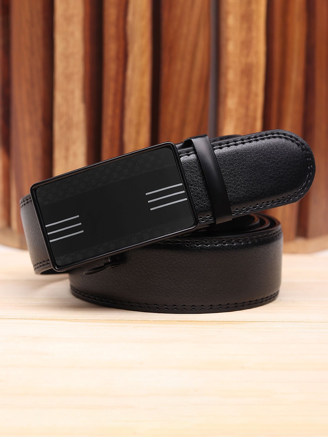 

WINSOME DEAL Men Textured Slider Buckle Closure Formal Belt, Black