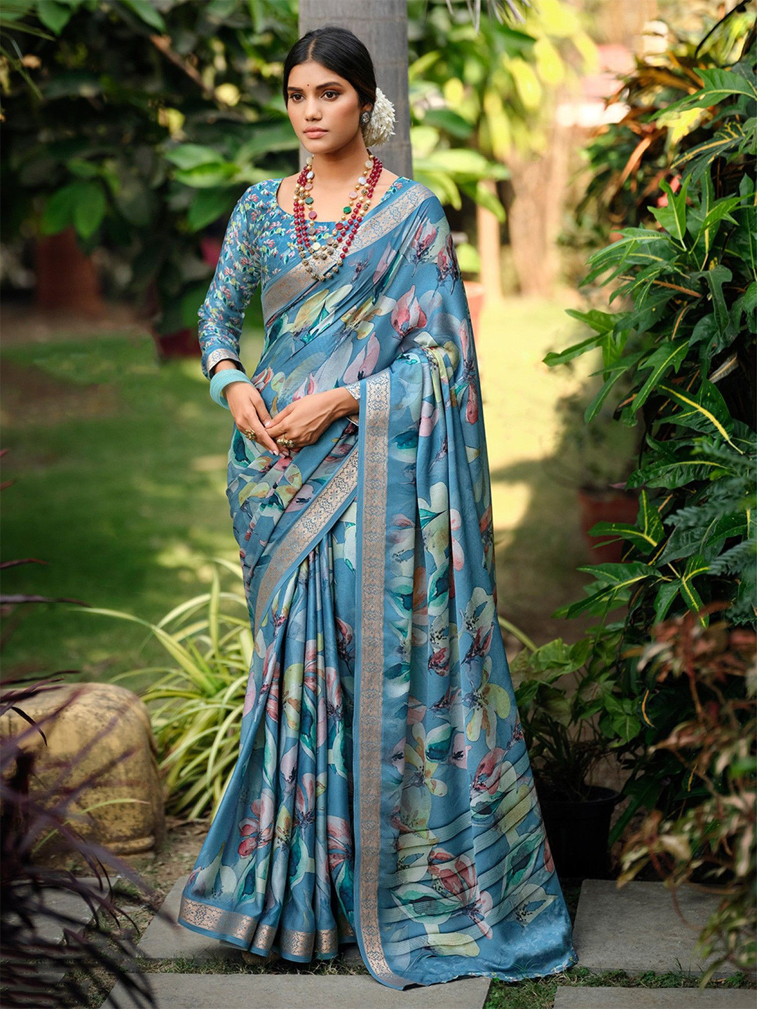 

Mitera Printed Floral Zari Satin Saree, Blue