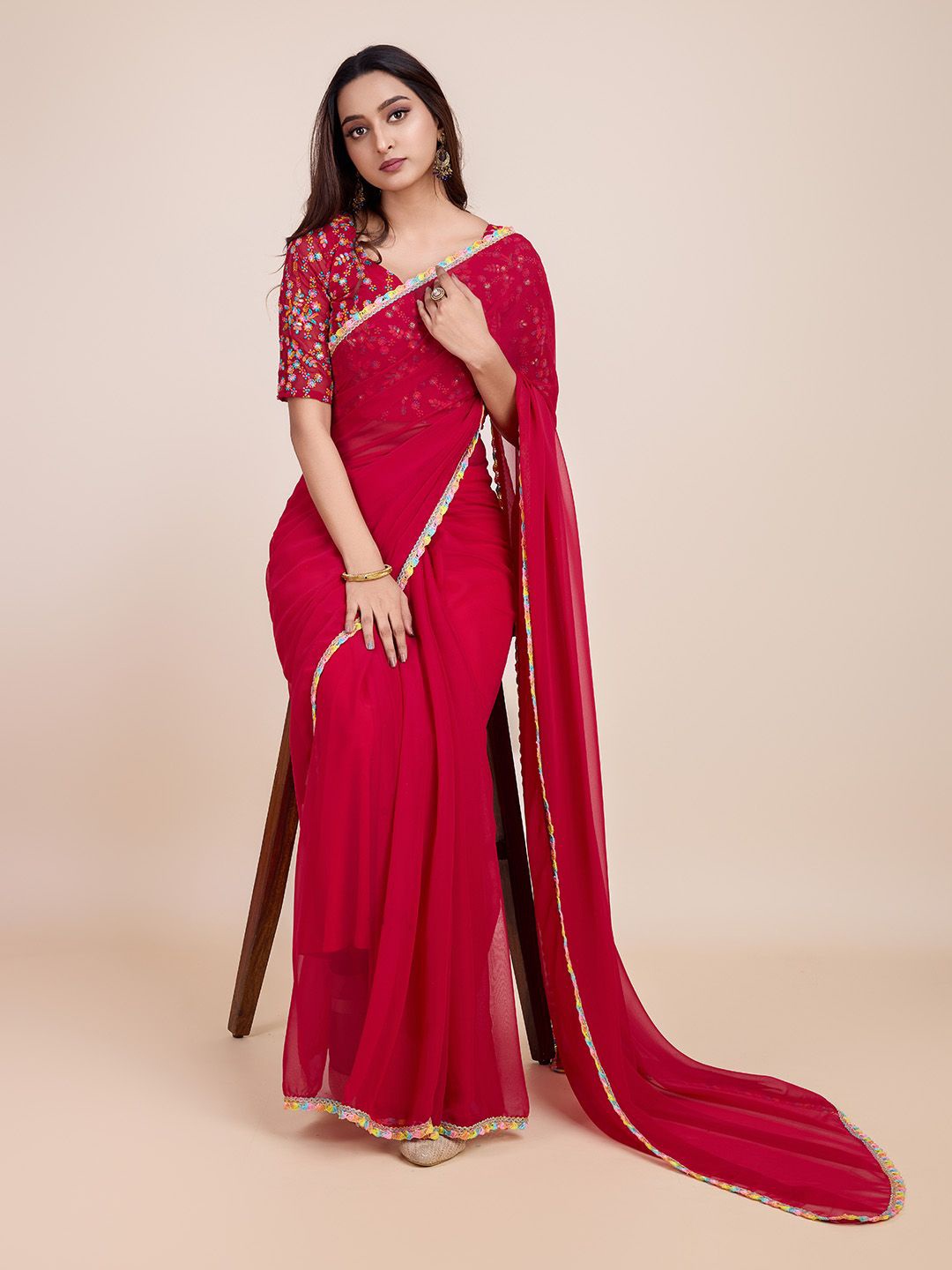 

COSBILA FASHION Embroidered Poly Georgette Saree, Red