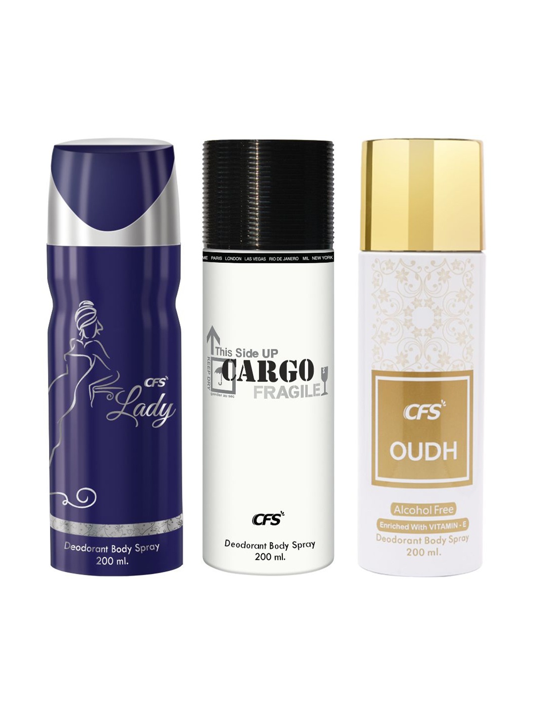 

CFS Cargo Fragile Lady Oudh Set Of 3 Last Longer Deodorants-200ml Each, White