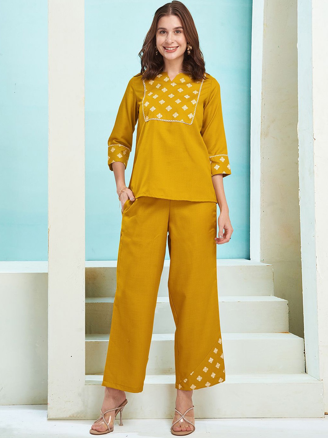 

KALINI Floral Printed Notch Neck Top With Palazzos, Yellow