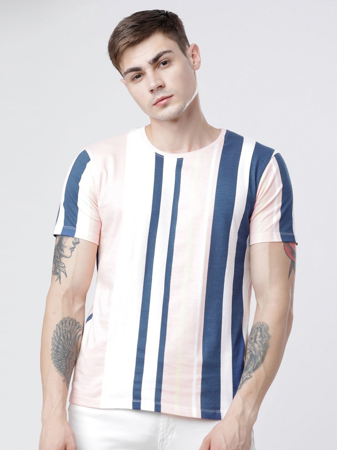 

HIGHLANDER Men Striped Raw Edge Slim Fit T-shirt, Pink