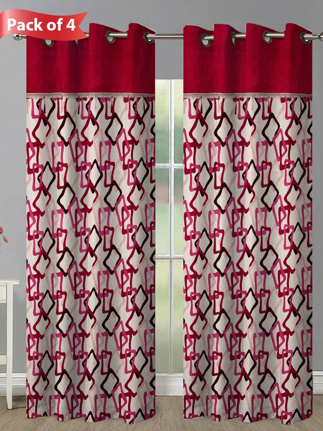 

Aura Maroon & White Set of 4 Geometric Room Darkening Door Curtains