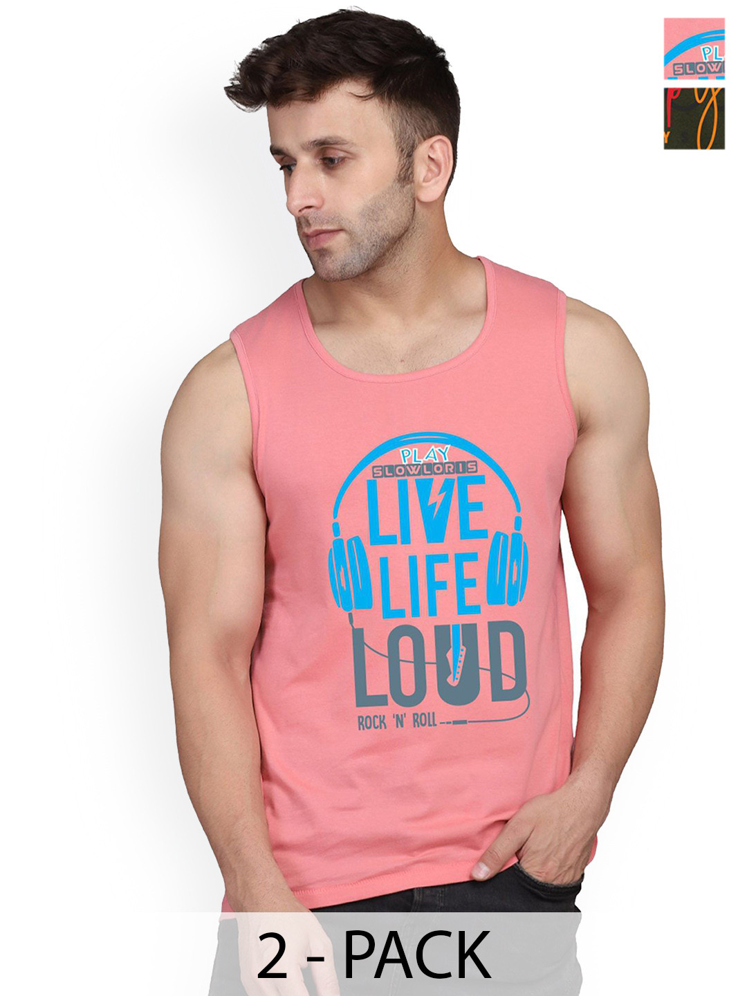 

SLOWLORIS Pack Of 2 Men Printed Gym Vests, Peach
