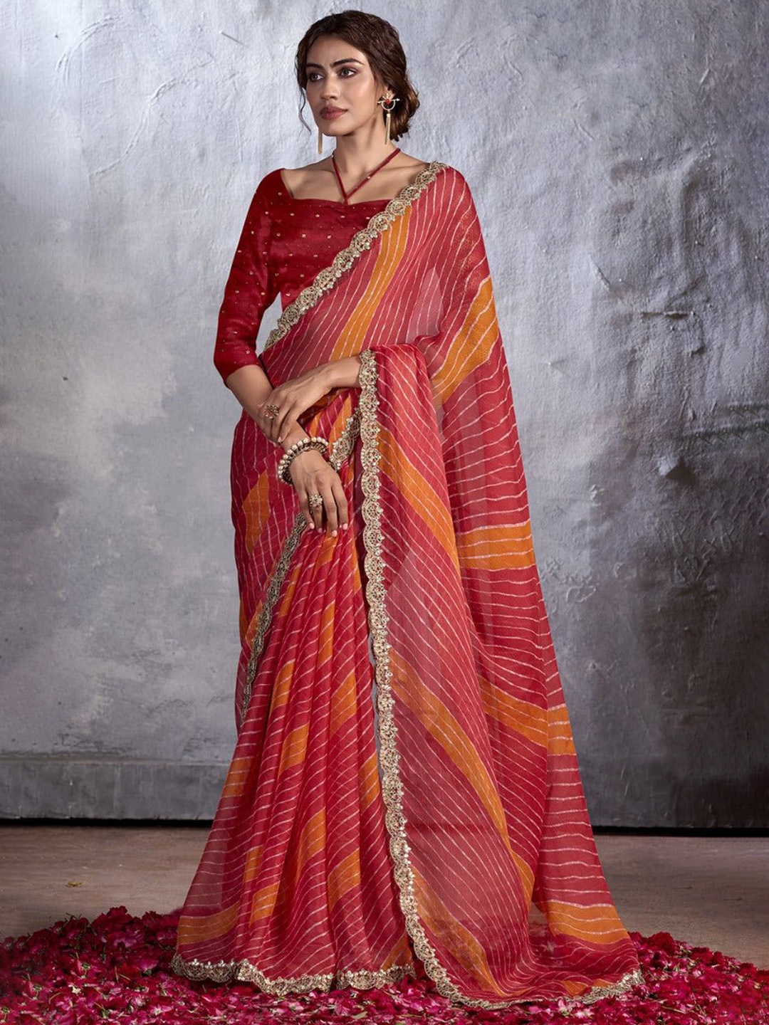 

MySilkLove Striped Zari Pure Georgette Saree, Red