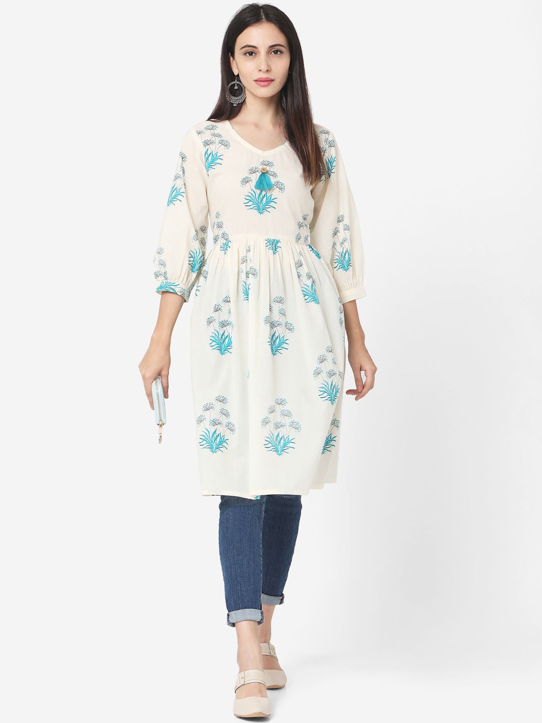 

Shaily Floral Printed V-Neck Puff Sleeves Pleated Cotton A-Line Kurta, Off white