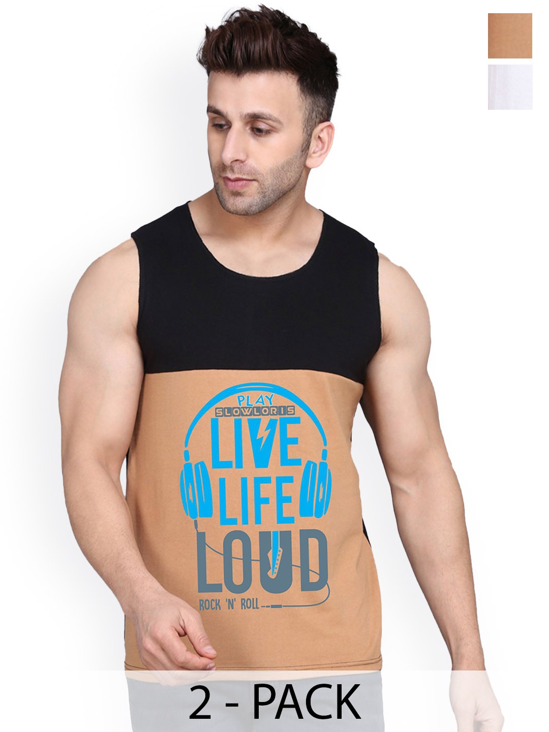 

SLOWLORIS Pack Of 2 Printed Gym Innerwear Vests, Black