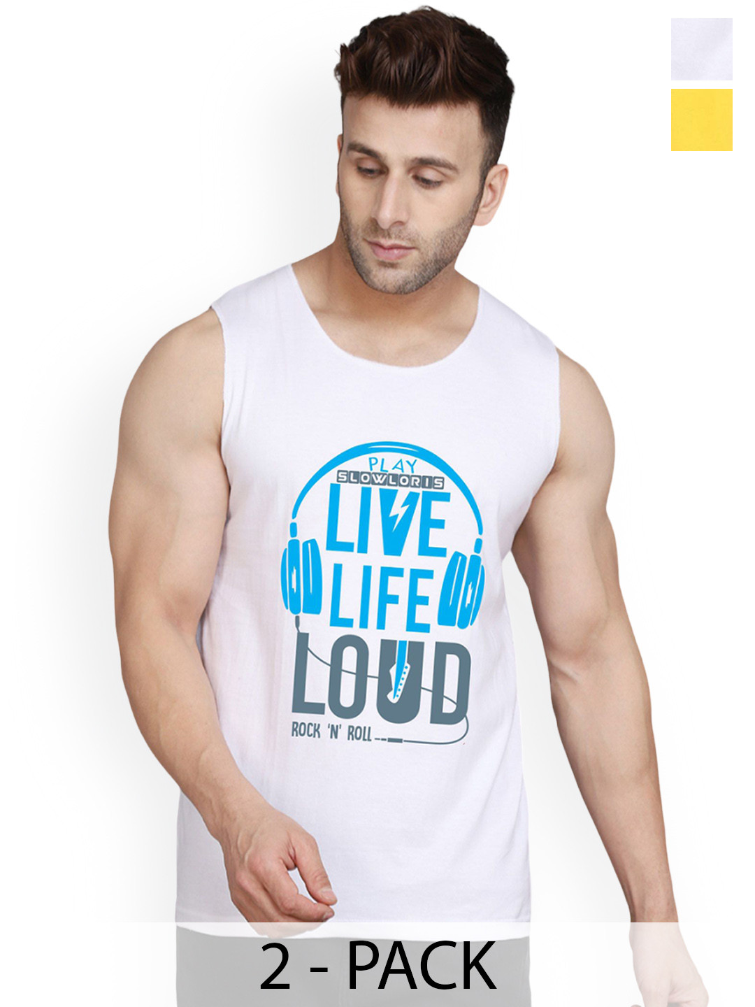 

SLOWLORIS Pack Of 2 Men Printed Gym Vests, White