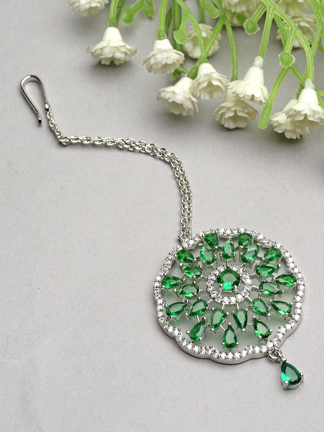 

ZENEME Rhodium Plated American Diamond Studded Maang Tikka, Silver