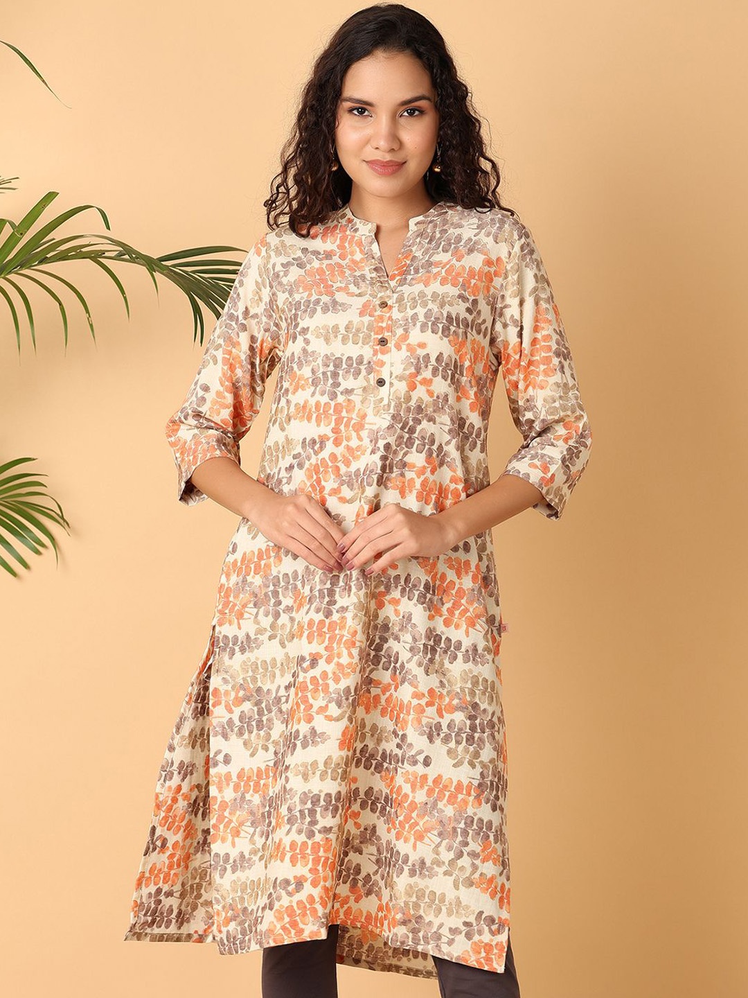 

UNLIMITED Abstract Printed Mandarin Collar Straight Cotton Kurta, Beige