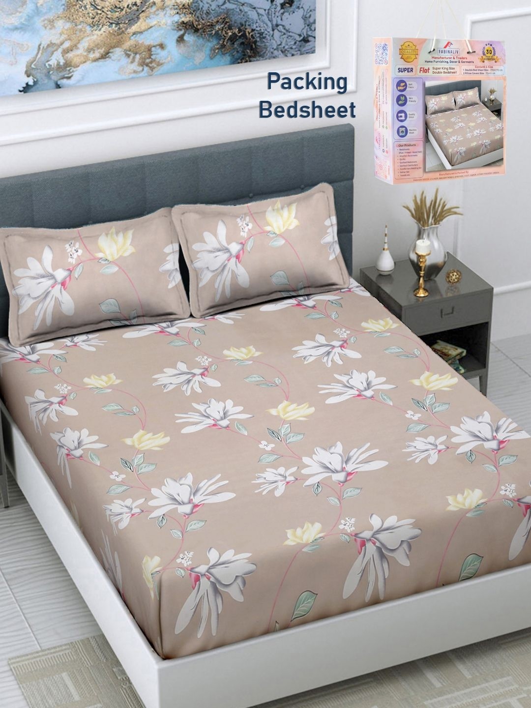 

FABINALIV Grey & Green Floral 300 TC King Bedsheet With 2 Pillow Covers, Beige