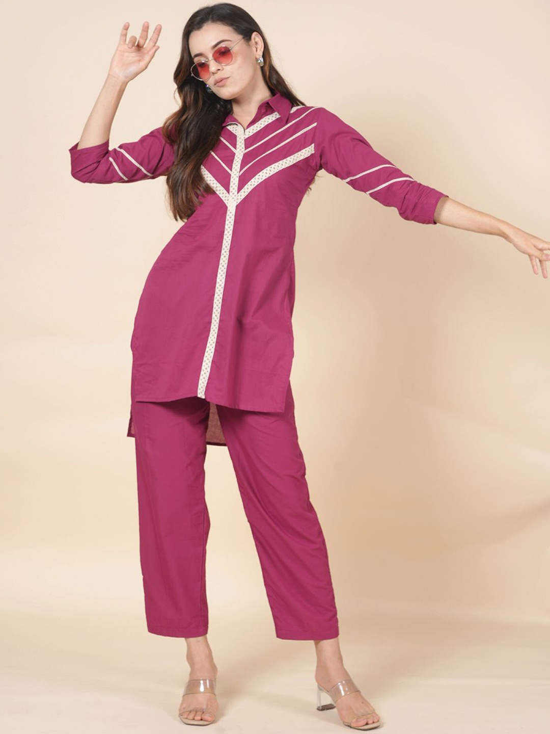 

LABEL KRISHA Self Design Cotton Top With Trouser Co-ords, Magenta