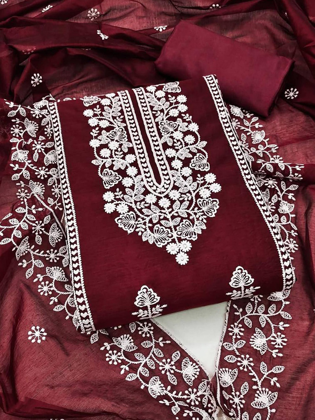 

Peachmode Embroidered Unstitched Dress Material, Maroon