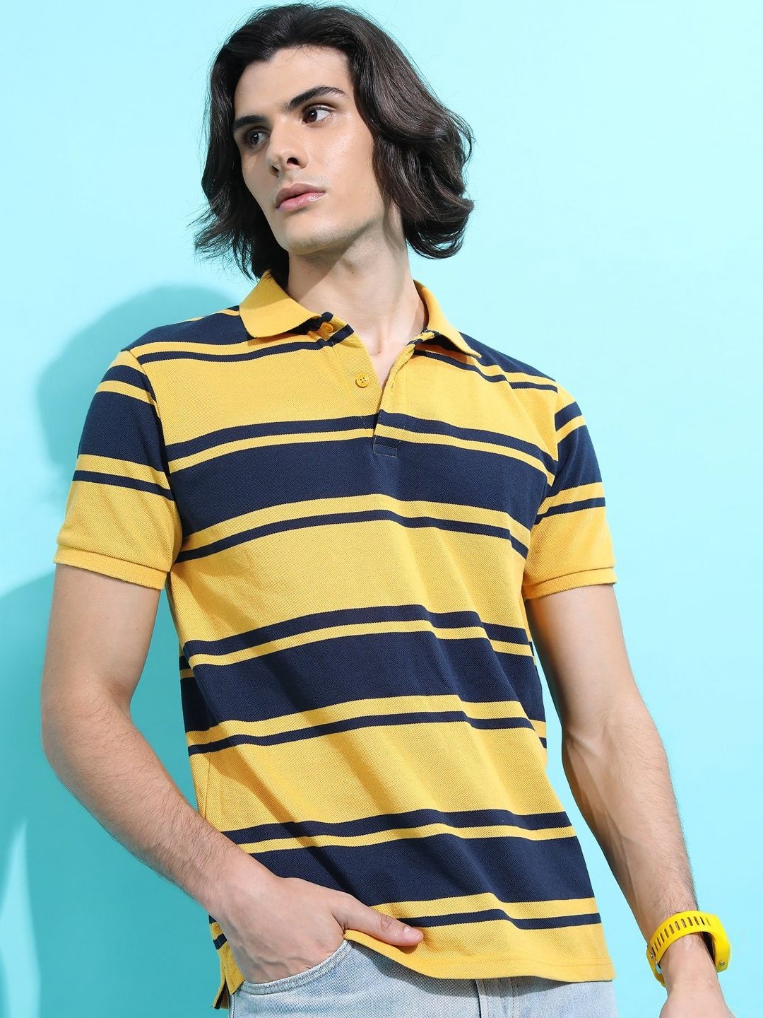 

HIGHLANDER Men Striped Polo Collar Pockets Slim Fit T-shirt, Yellow